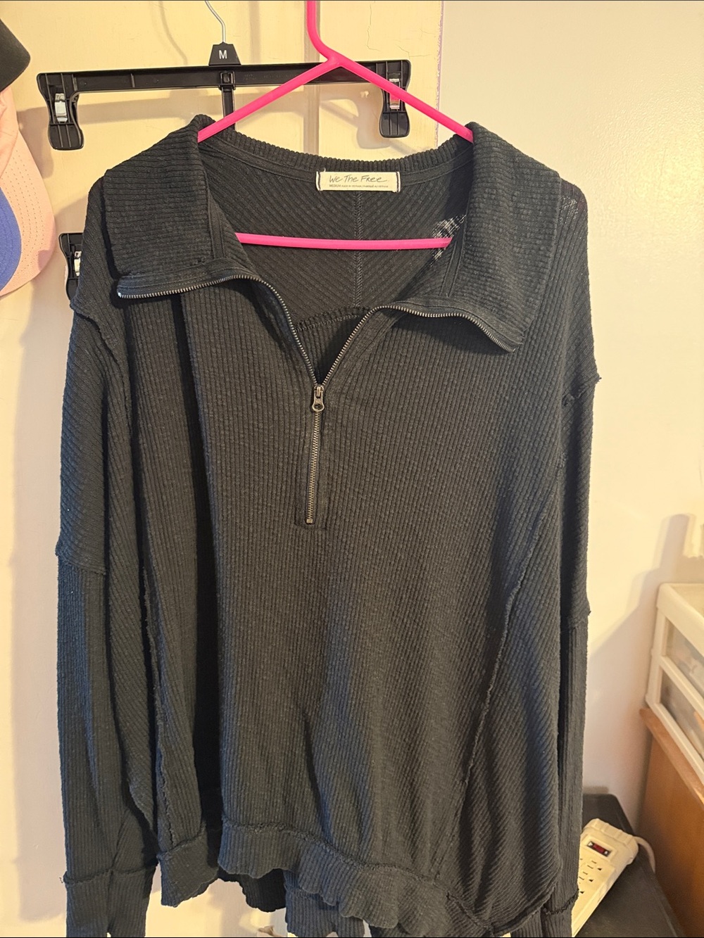 We The Free Black Ribbed Quarter-Zip Pullover Sweater